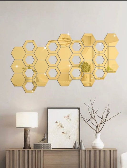 Zee-24-Pack Golden Hexagon Mirror Wall Stickers