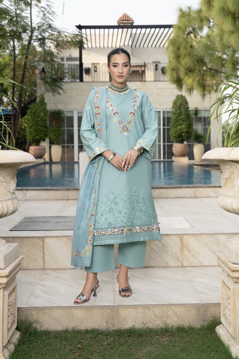 Aqua Bloom | Luxury 3-Piece Embroidered Suit | Elegant Stitched Collection Pakistan