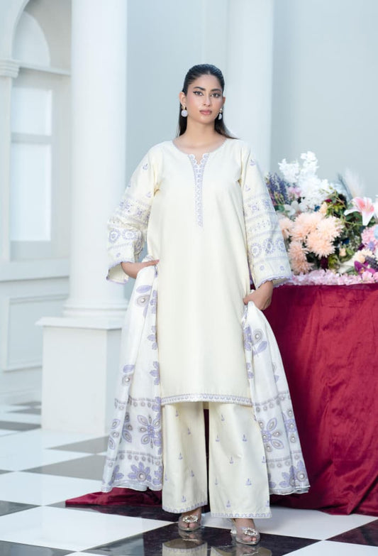 Elegance in Bloom – Cream & Lavender Embroidered Lawn Suit (3-Piece)