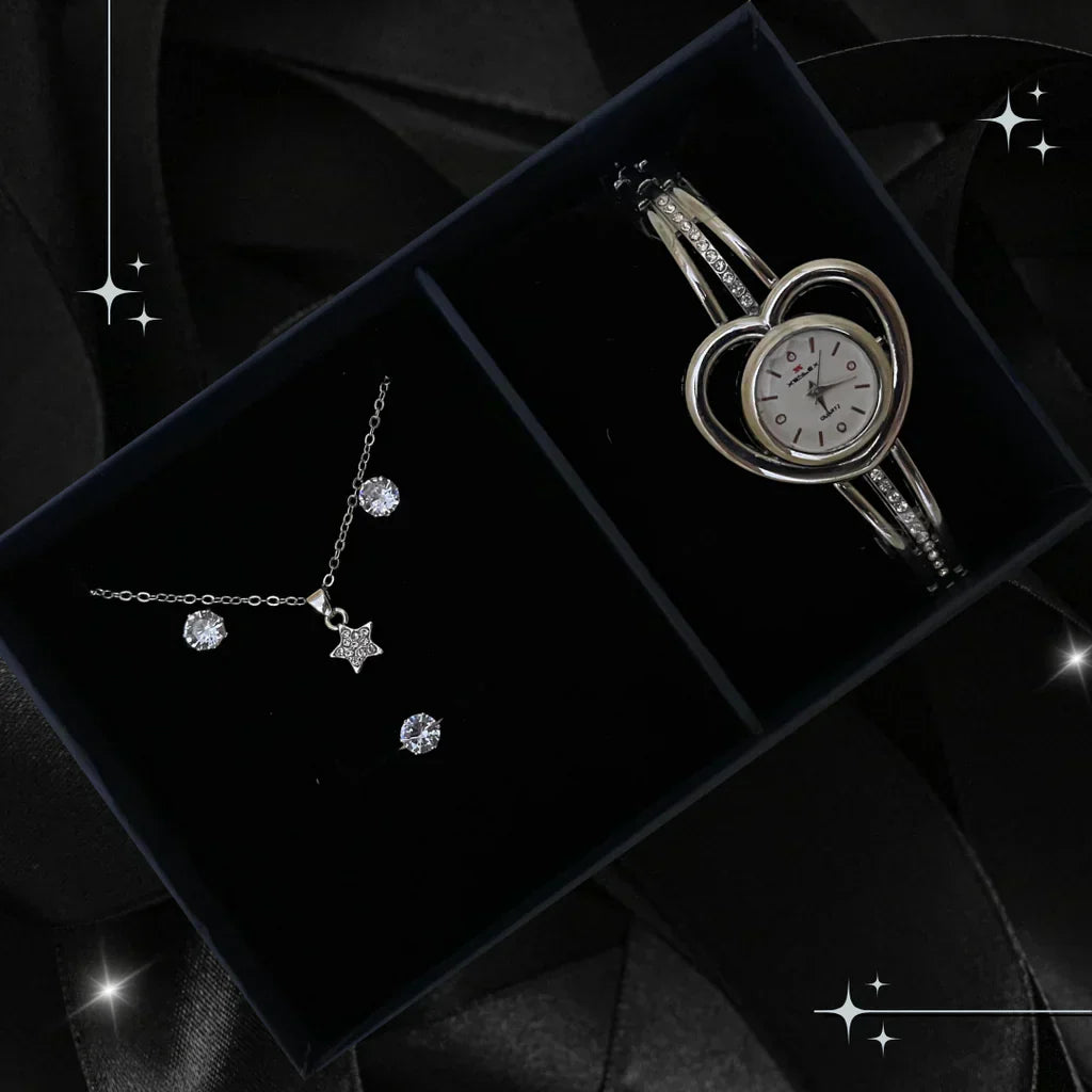 😍 5 pcs heart watch set with silver ring, necklace, earrings Casual Ladies watch set