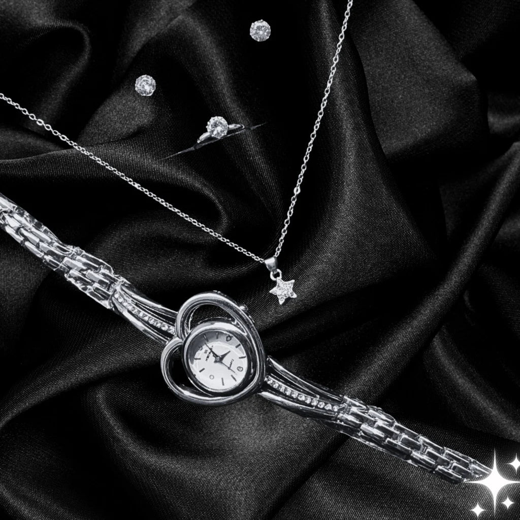 😍 5 pcs heart watch set with silver ring, necklace, earrings Casual Ladies watch set