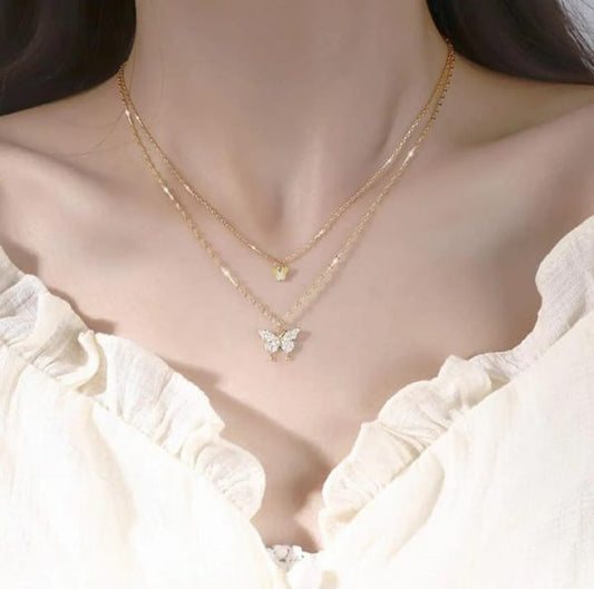 Luxurious Beautiful Butterfly Double Chain  Necklace