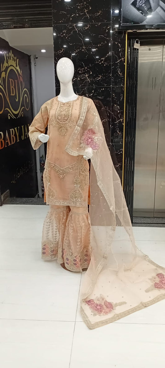 Baby Jan™ Zarmina Luxe – Embroidered Peach Net Sharara Suit