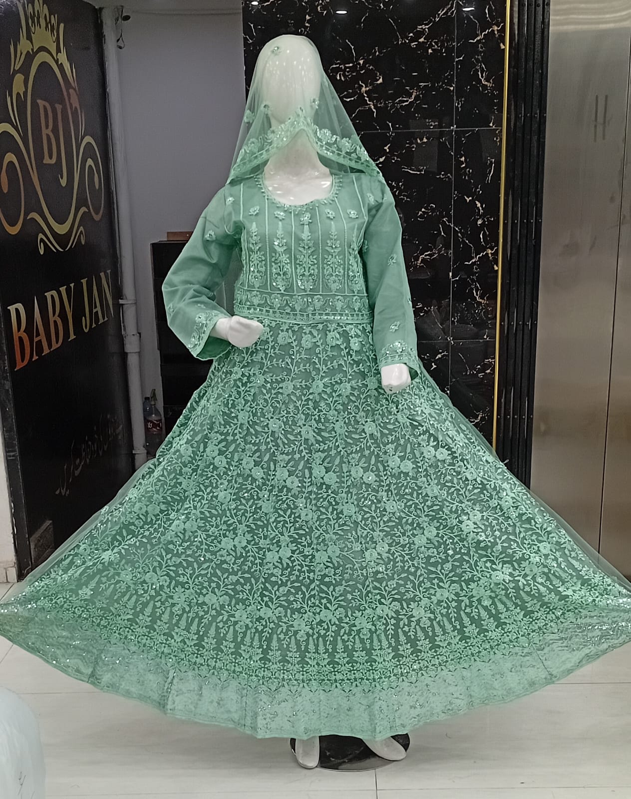 Zarmina Émeraude – Mint Green Embroidered Luxury Maxi by Baby Jan™