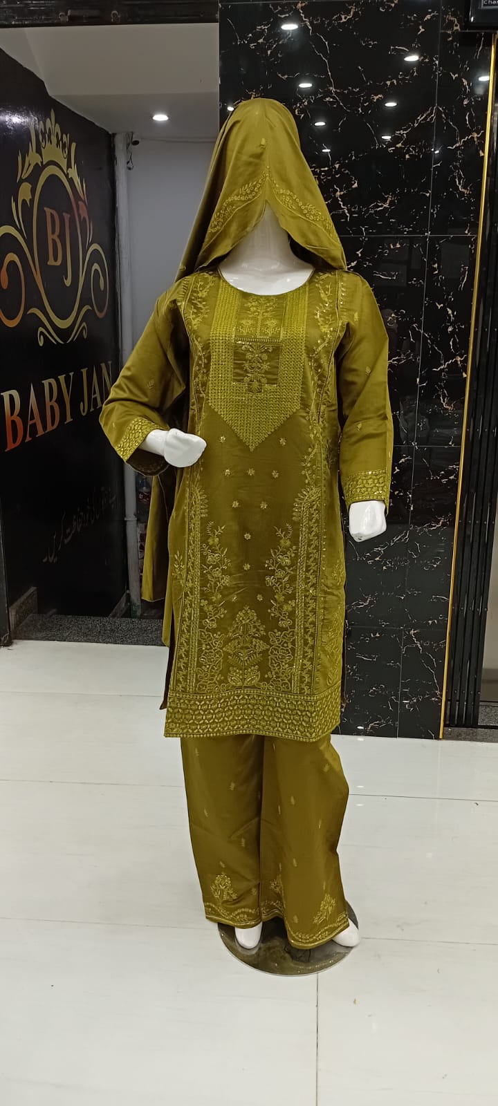 Zafynix™ Aroosa – Olive Green Embroidered 3-Piece Suit (Cotton Blend)