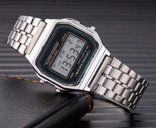 Men’s Classic Digital Stainless Steel Wrist Watch – Retro Style | Silver Edition