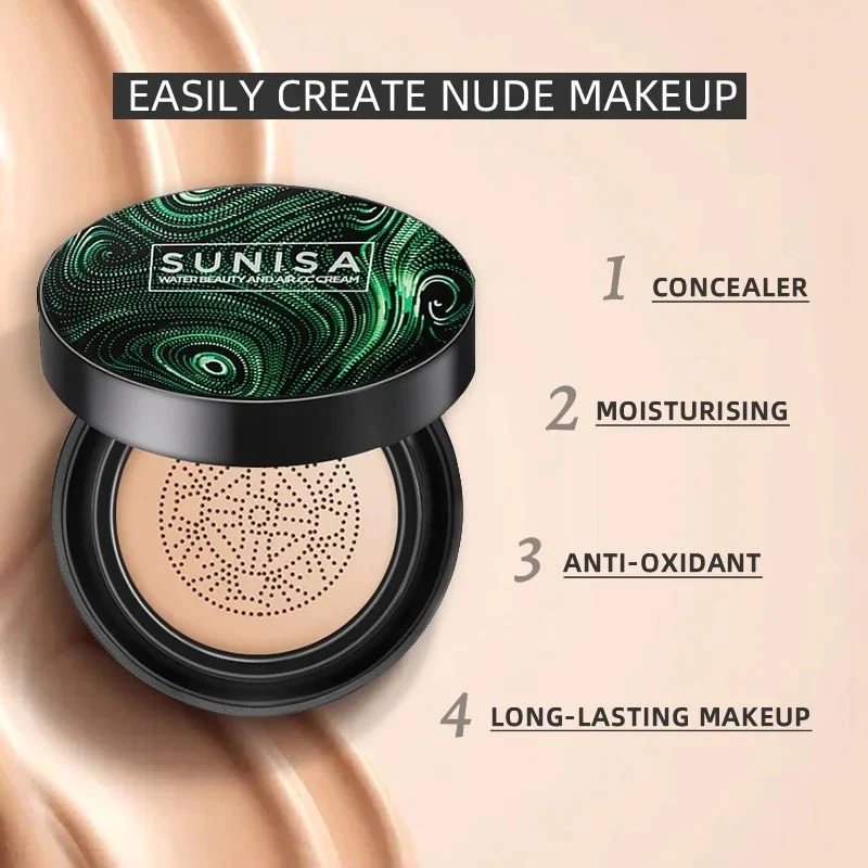 SUNISA Foundation Base Water proof Mushroom Head Air Cushion BB CC Cream Moisturizing Liquid Foundation with Sponge