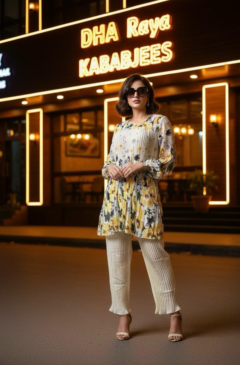 🌸 Zafynix Pleated Floral 2-Piece Tunic Set – Elegance in Every Fold