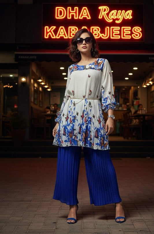 🌸 Zafynix Pleated Floral 2-Piece Tunic Set – Elegance in Every Fold