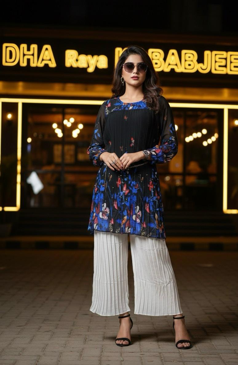 🌸 Zafynix Pleated Floral 2-Piece Tunic Set – Elegance in Every Fold