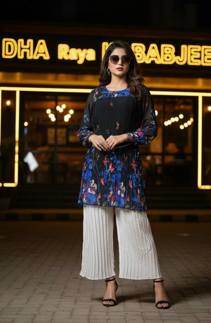 🌸 Zafynix Pleated Floral 2-Piece Tunic Set – Elegance in Every Fold