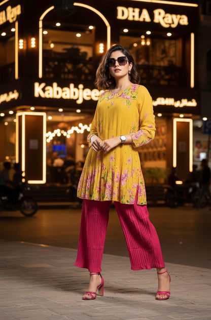 🌸 Zafynix Pleated Floral 2-Piece Tunic Set – Elegance in Every Fold