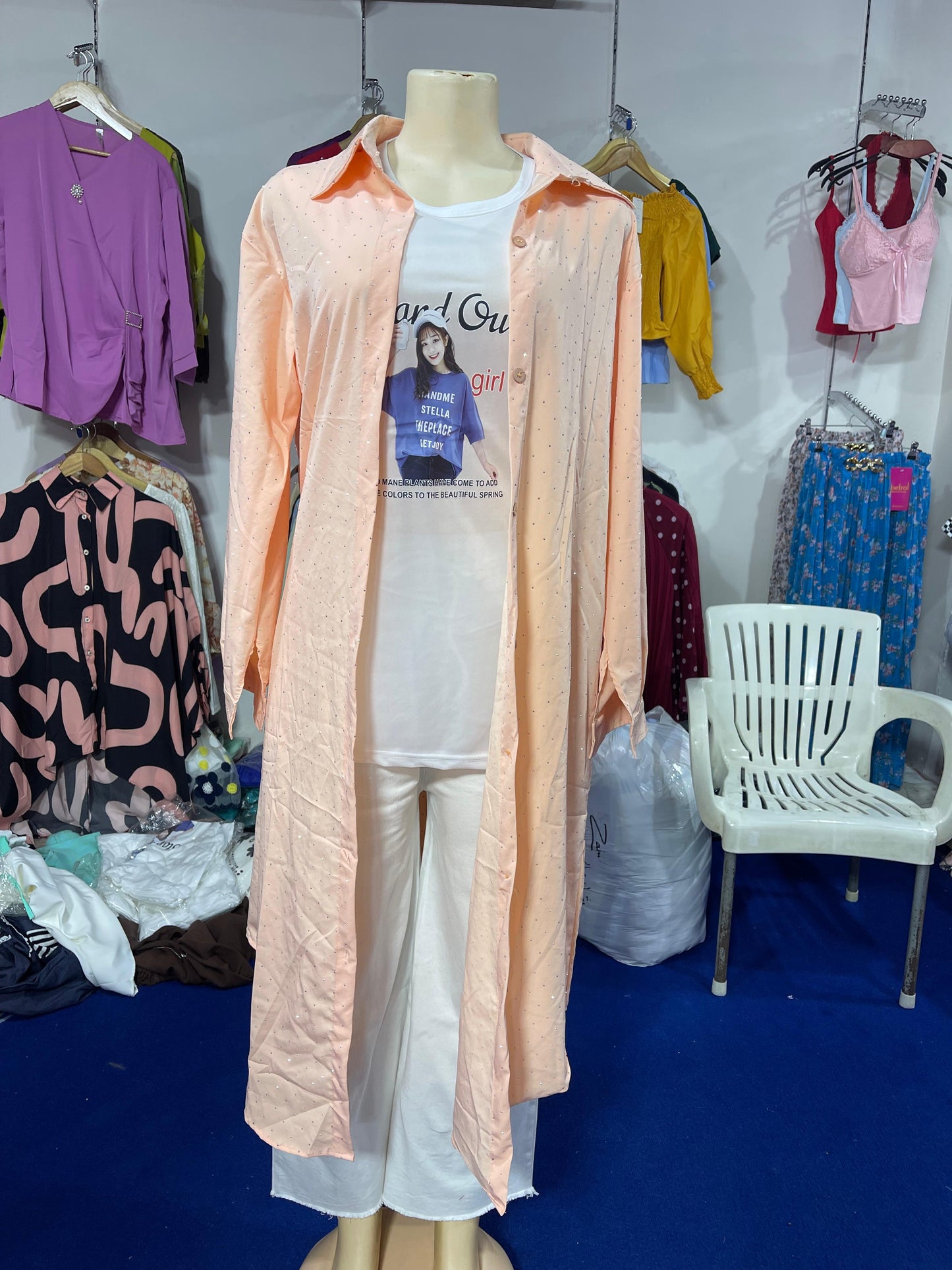 Zafynix™ Sunset Street Style – Women's Longline Shrug &amp; White Flare Set