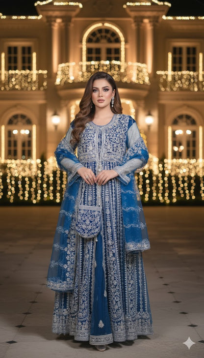 Midnight Majesty – Royal Blue Embroidered Net Ensemble (Luxury Formals)