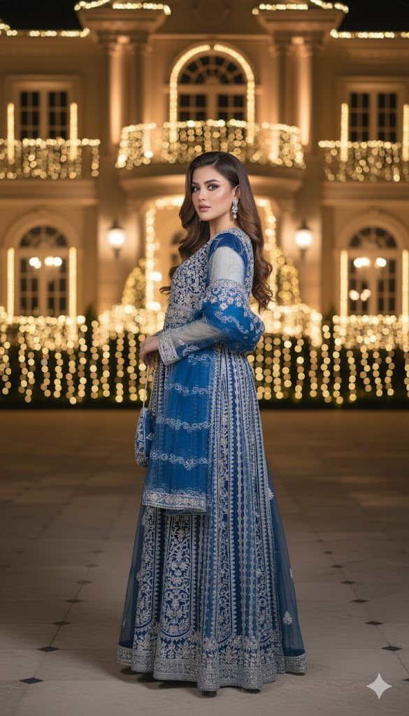 Midnight Majesty – Royal Blue Embroidered Net Ensemble (Luxury Formals)