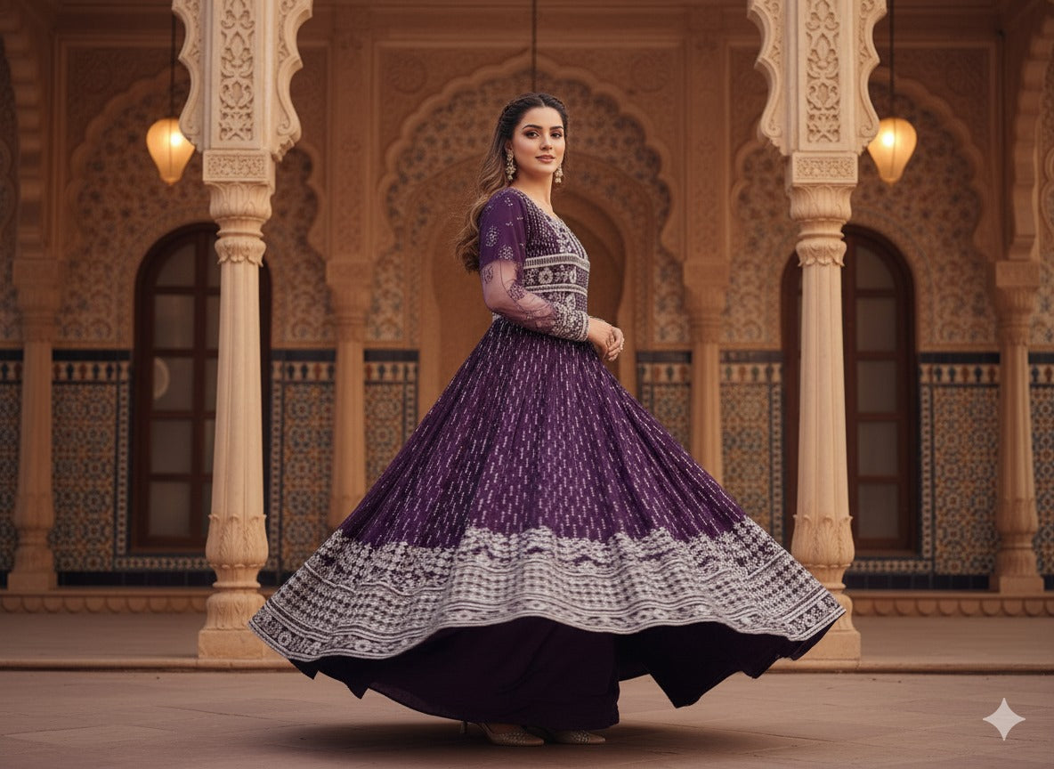 Velvet Twilight – Plum Embroidered Anarkali Gown (Luxury Pret)
