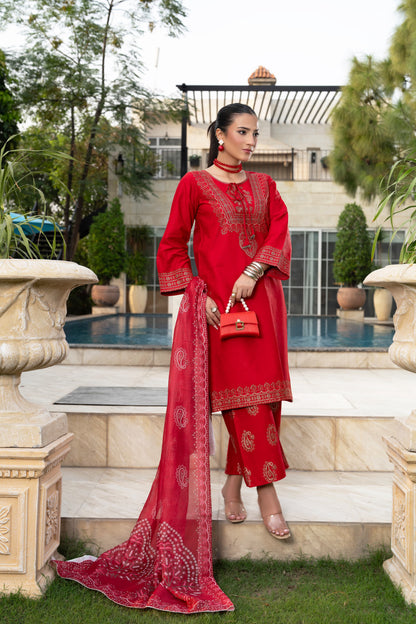 Crimson Charm | Premium Red Embroidered 3-Piece Suit | Festive Luxury Collection