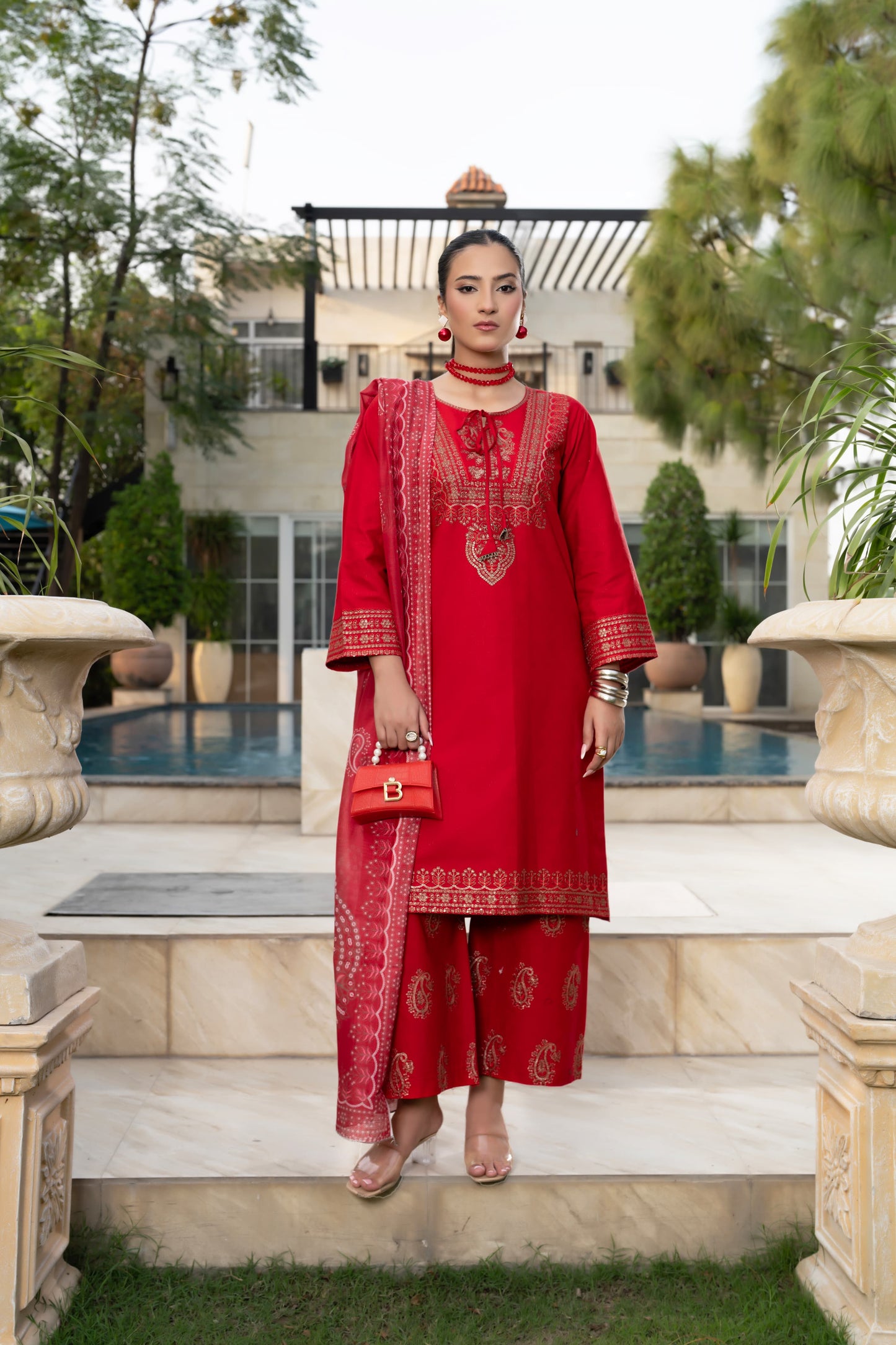 Crimson Charm | Premium Red Embroidered 3-Piece Suit | Festive Luxury Collection