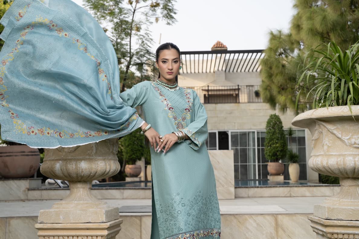 Aqua Bloom | Luxury 3-Piece Embroidered Suit | Elegant Stitched Collection Pakistan