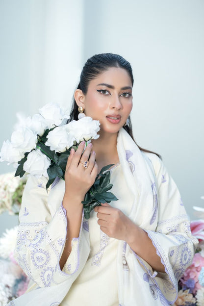 Elegance in Bloom – Cream &amp; Lavender Embroidered Lawn Suit (3-Piece)