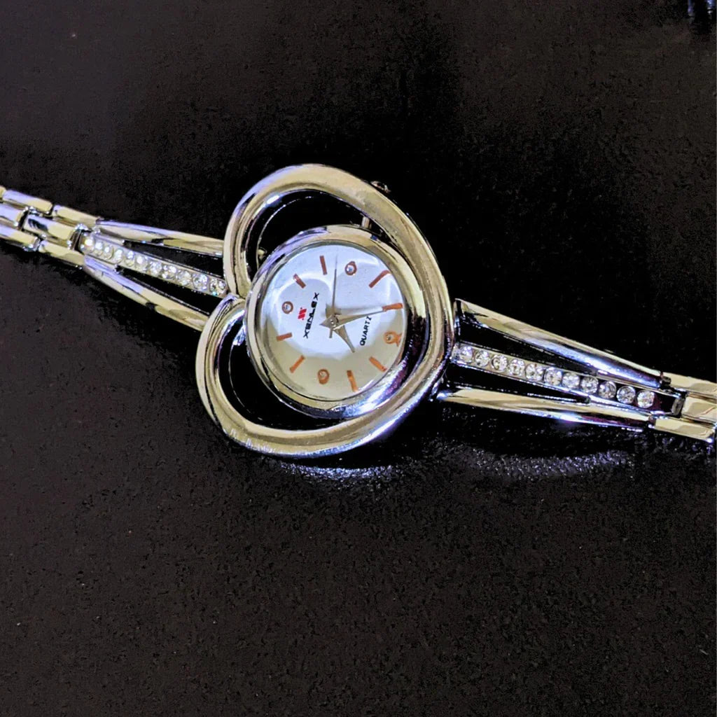 😍 5 pcs heart watch set with silver ring, necklace, earrings Casual Ladies watch set