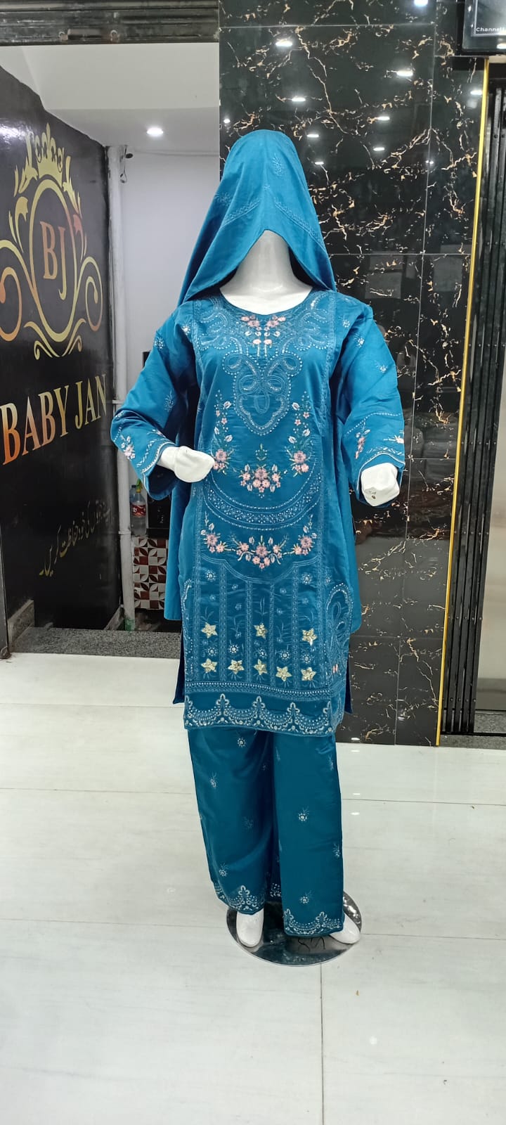 Noor-e-Hijab – Elegant Teal Embroidered Ensemble by Baby Jan