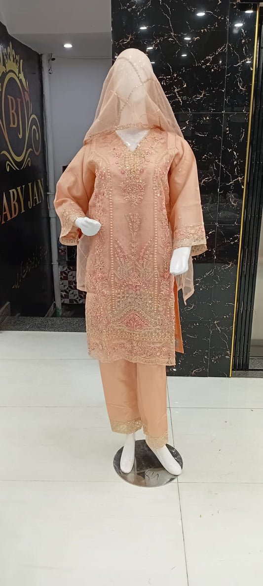 Zarmina Luxe – Peach Glow Embroidered 3-Piece Suit by Baby Jan™